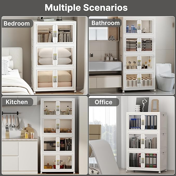 UAMFURI Stackable Storage Bins with Lids, Clear Doors, Large Storage Cabinet Foldable Collapsible Closet Organizers for Bedroom Dorm Office (1, White, 160, Quarts)