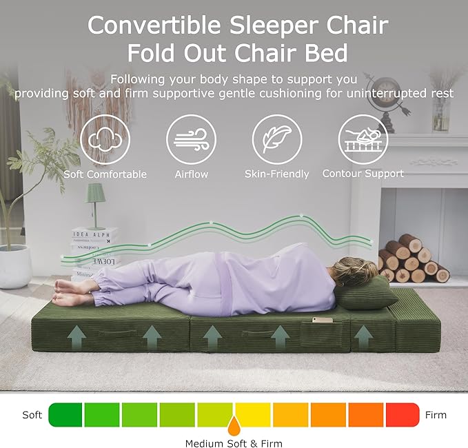 Folding Sofa Bed, 4 in 1 Convertible Sleeper Chair with Pillow, Twin Memory Foam Fold Out Chair Bed, Modern Floor Futon Sofa Couch Mattress for Living Room/Guest/Apartment, Green