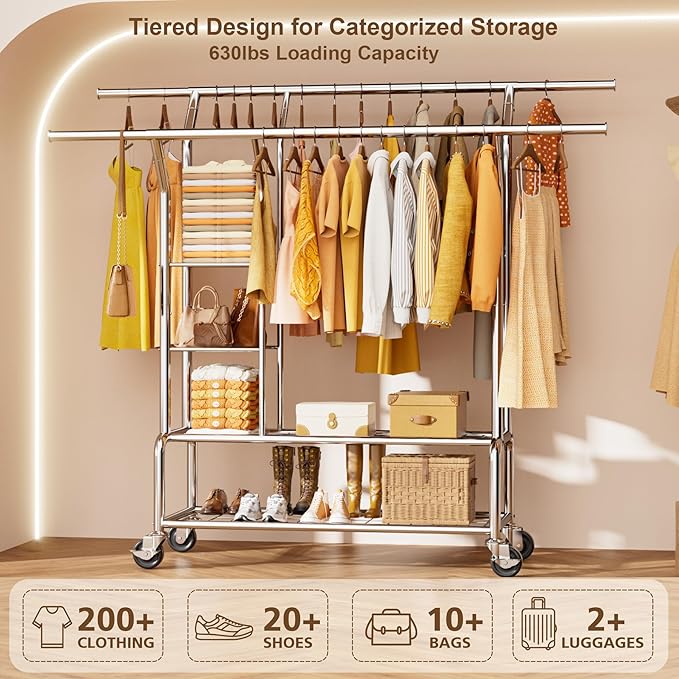 Heavy Duty Clothes Rack - Rolling Clothing Racks for Hanging Clothes Load 630 LBS, Double Rod Metal Garment Rack With Storage Shelf, Portable Wardrobe Racks with Wheels