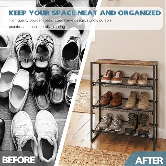 Shoe Rack，4 Tier Shoe Storage Organizer，Sturdy Shoe Shelf,Boot Rack with a Fine Mesh Shelves，for Entryway, Living Room, Hallway，Small Space,11.8 x 16.5 x 27.9 Inches,Brown