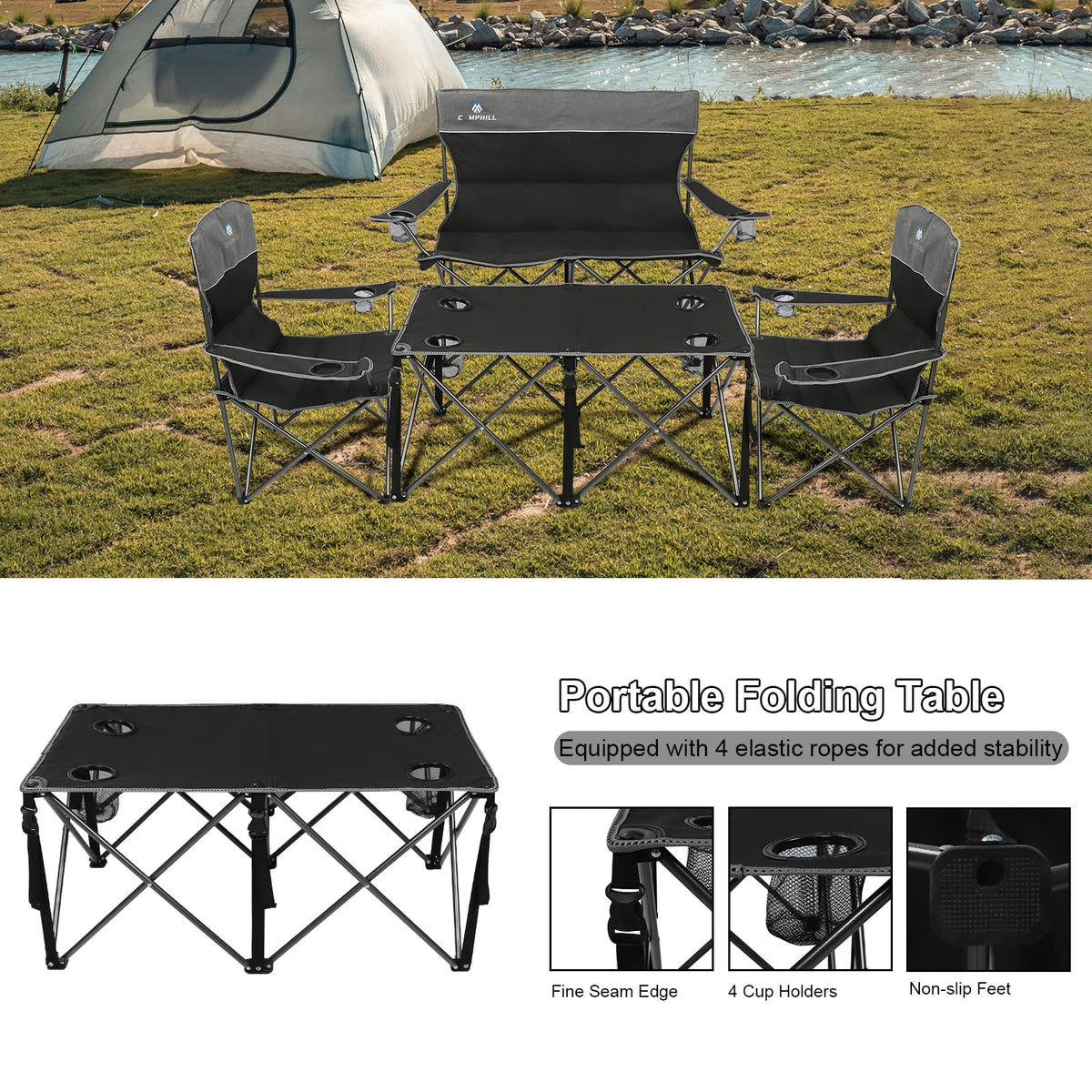 CAMPHILL Camping Chair Set of 4 - Outdoor Folding Chairs With Table, Heavy Duty Lawn Chair With Cup Holder, Collapsible Set Include One Sofa Chair, Two Single Chairs and Table
