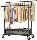 Clothes Rack Clothing Racks for Hanging Clothes, Rolling Clothes Rack Portable Clothing Rack, Double rod clothing rack with Storage Basket, Garment rack for Bedroom, Laundry Room, Black
