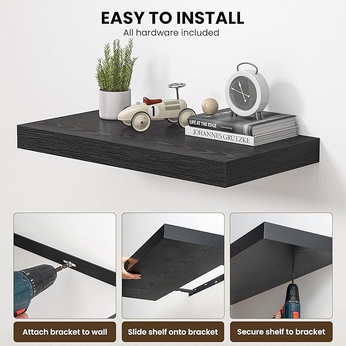 Dreamland 32" Floating Shelves for Wall, 12" Deep Thicker Black Floating Shelves, Wall-Mounted Shelves for Bedroom, Living Room, Kitchen, Bathroom - Set of 2