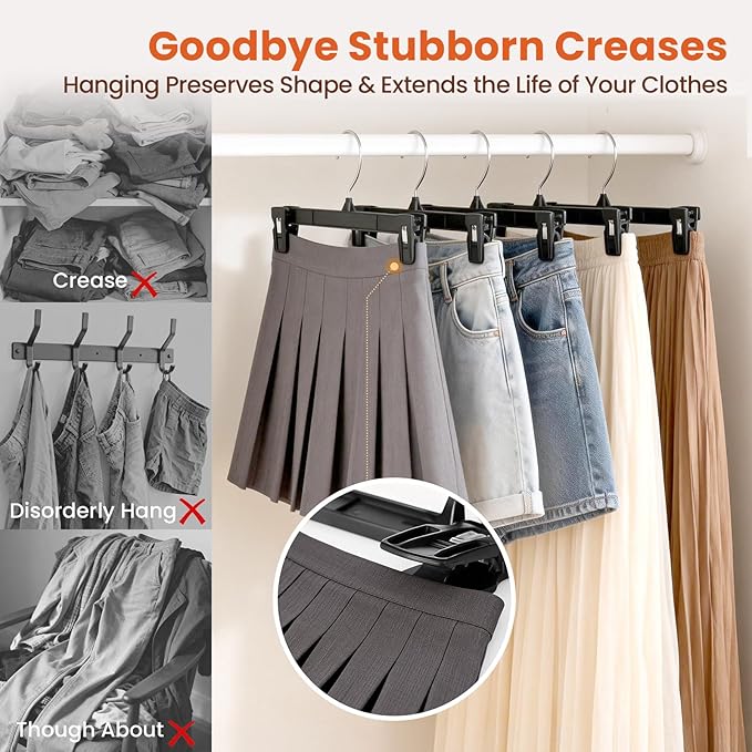 HOUSE DAY Black Pants Hangers 50 Pack, Skirt Hangers with Non-Slip Big Clips and 360° Swivel Hook, Heavy Duty Slim Plastic Pants Hanger, Space Saving Clip Hanger for Pants, Skirts, Shorts - 10 Inch