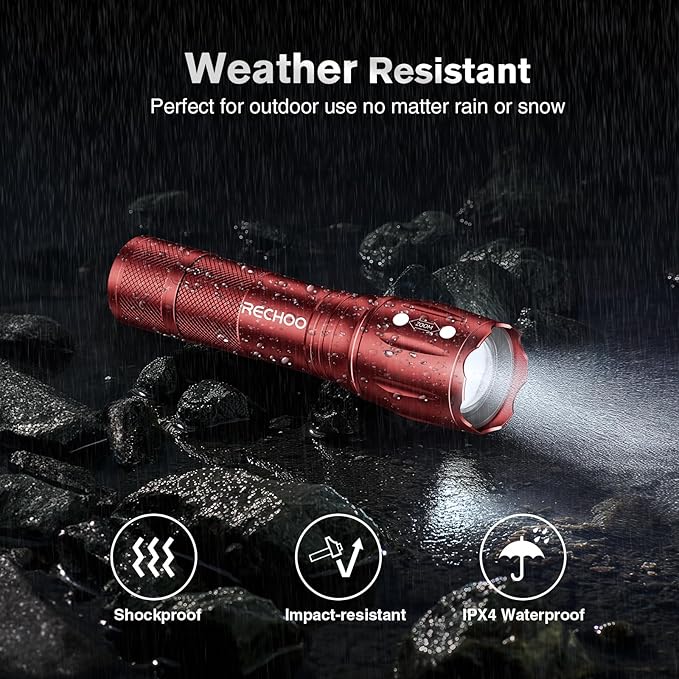 RECHOO LED Flashlight 2 Pack Red, Tactical Flashlights High Lumens with 3 Modes, Pocket Small Flash Light, Waterproof Zoomable Flashlights for Home Emergency, Camping Essentials (Battery Included)