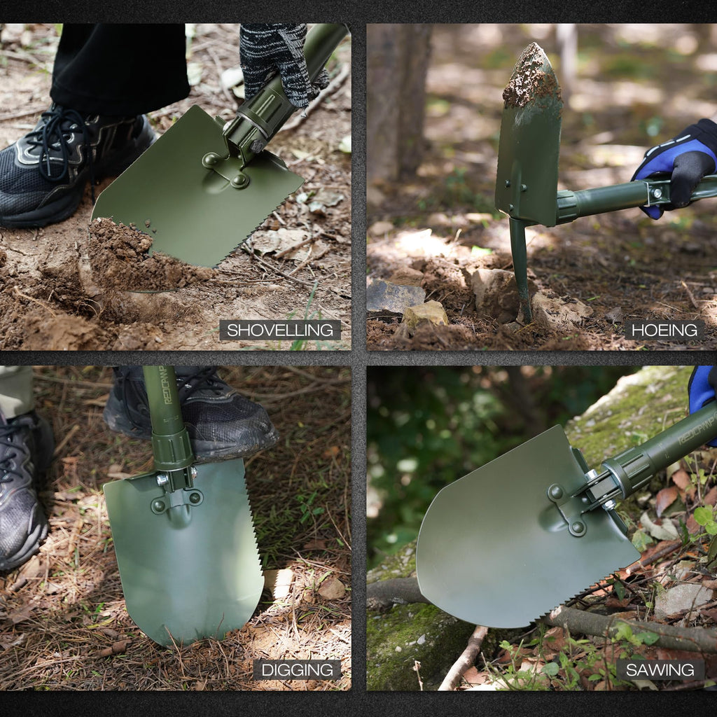 REDCAMP 23" Military Folding Camping Shovel w/Cover,Portable Shovel with High Manganese Steel, Tactical Entrenching Tool Tri-fold Handle Shovel for Camping Hiking Sand Mud Snow Beach, Green 2.5Lbs