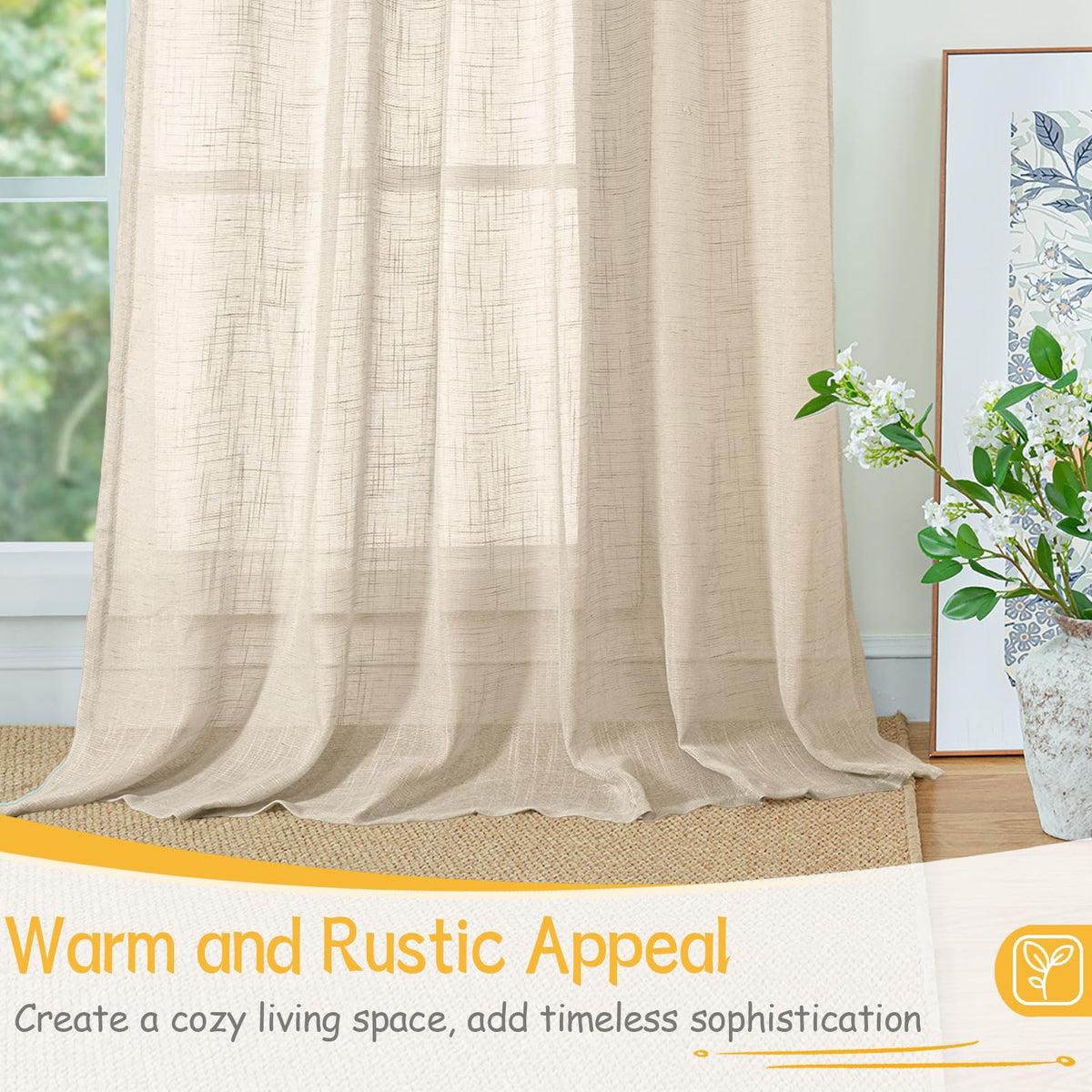 Oatmeal Linen Curtains 54 Inch Length for Living Room Window (2 Count)