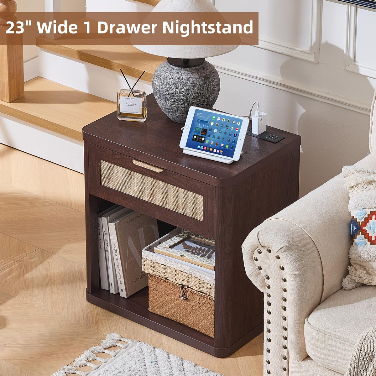 Rattan Nightstands Set of 2 with Charging Station (2 Count)