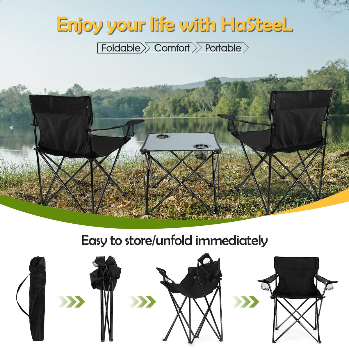 HaSteeL Folding Camping Chair Set of 3, Foldable Black Camp Chairs & Grey Table, Large Lawn Chair Portable for Adults Hiking, Fishing, Picnic, Outdoor BBQ, Travel, Sports, Cup Holders & Storage Bags