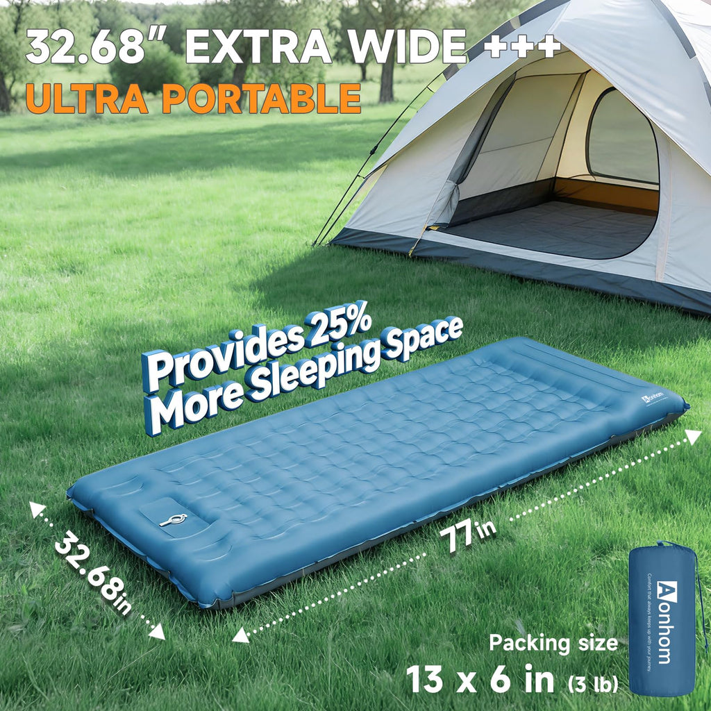 Aonhom Camping Sleeping Pad, 6" Extra Thick Sleeping Mat with Pillow Built-in Foot Pump, 32.7" Extra Wide Inflatable Sleeping Pads Compact for Camping Backpacking Hiking Traveling Tent (Blue)