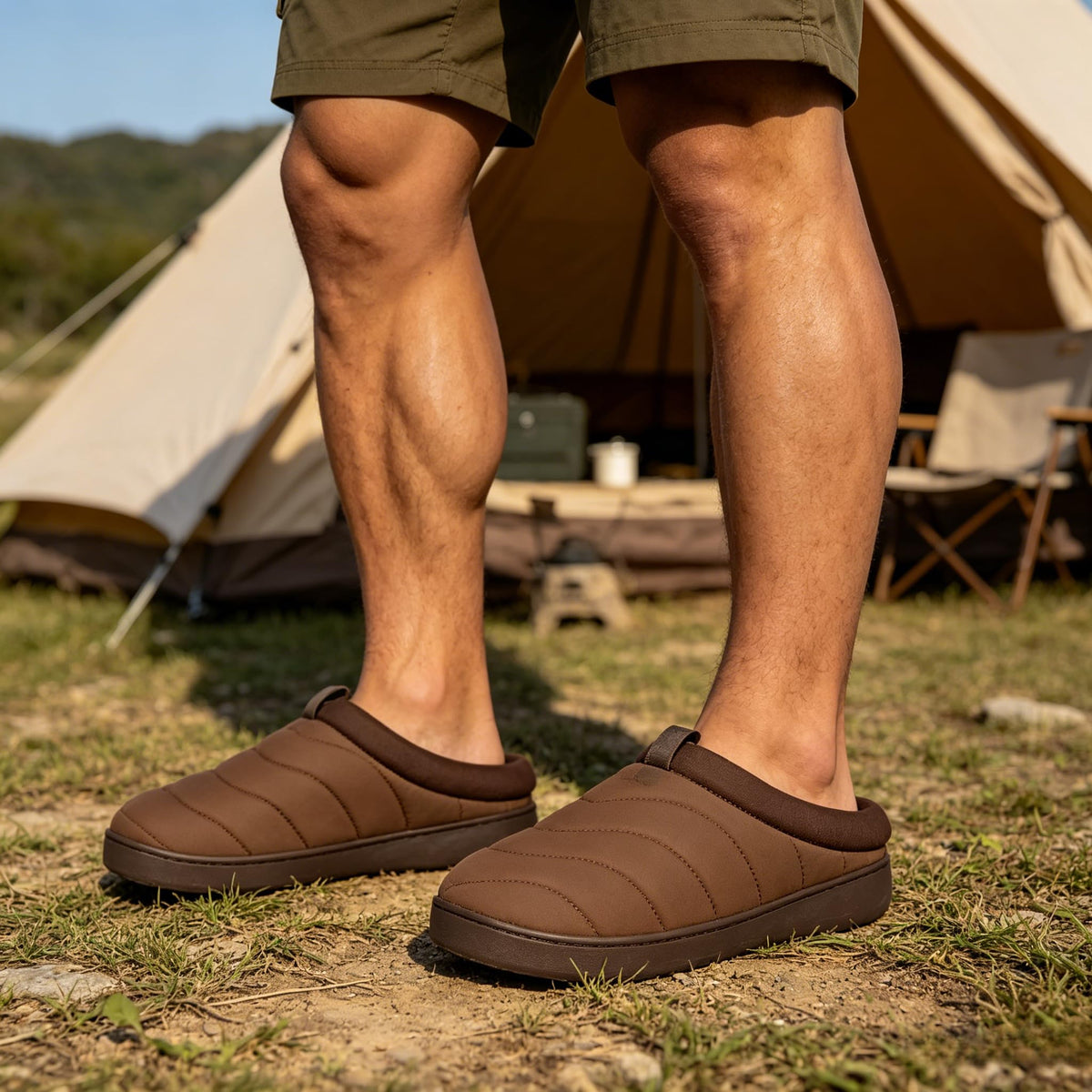Men's Indoor Outdoor Slip On Campmate Slippers Memory Foam – Slide-in House Shoes, Cool Summer Puffer Camping Clog, Machine Washable, Rubber Sole, Velvet Lining, Easy Care Comfort for Men (Gifts)(Mocha Brown,Size 11)