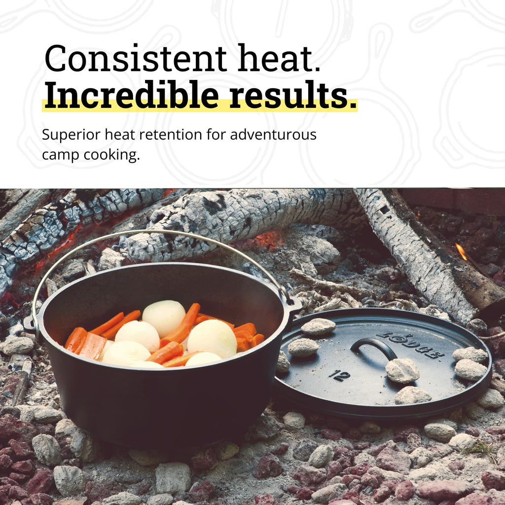 Lodge Seasoned Cast Iron Camp Dutch Oven with Lid - 8 Quart - Dual Handles - Seasoned Cast Iron Cookware with Steel Handle & Strong Lid for Heavy- Duty Camping Cookware