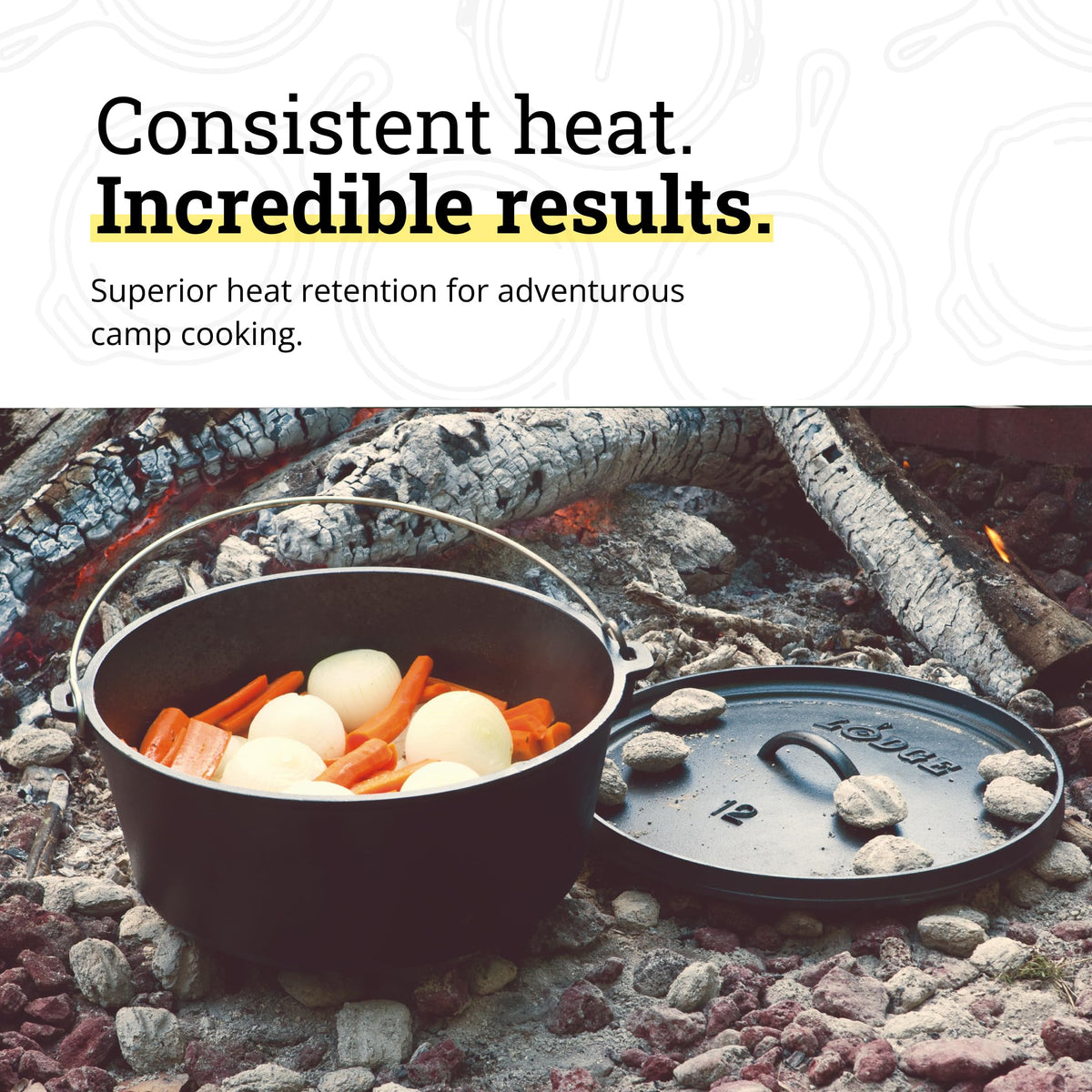 Lodge Seasoned Cast Iron Camp Dutch Oven with Lid - 8 Quart - Dual Handles - Seasoned Cast Iron Cookware with Steel Handle & Strong Lid for Heavy- Duty Camping Cookware