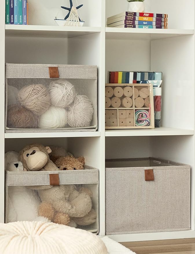StorageWorks Closet Storage Bins, Large Storage Baskets with Clear Window and Handles, Foldable Fabric Organizer for Clothes, Shelves, Brown and Beige, 3 Pack