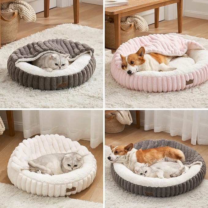 Small Dog Bed with Hooded Blanket, Round Fluffy Anti-Anxiety Pet Bed for Small Dogs & Medium Dogs, Cozy Donut Cuddler with Machine Washable Faux Fur & Anti-Slip Bottom(26"×26"×7",Pink)