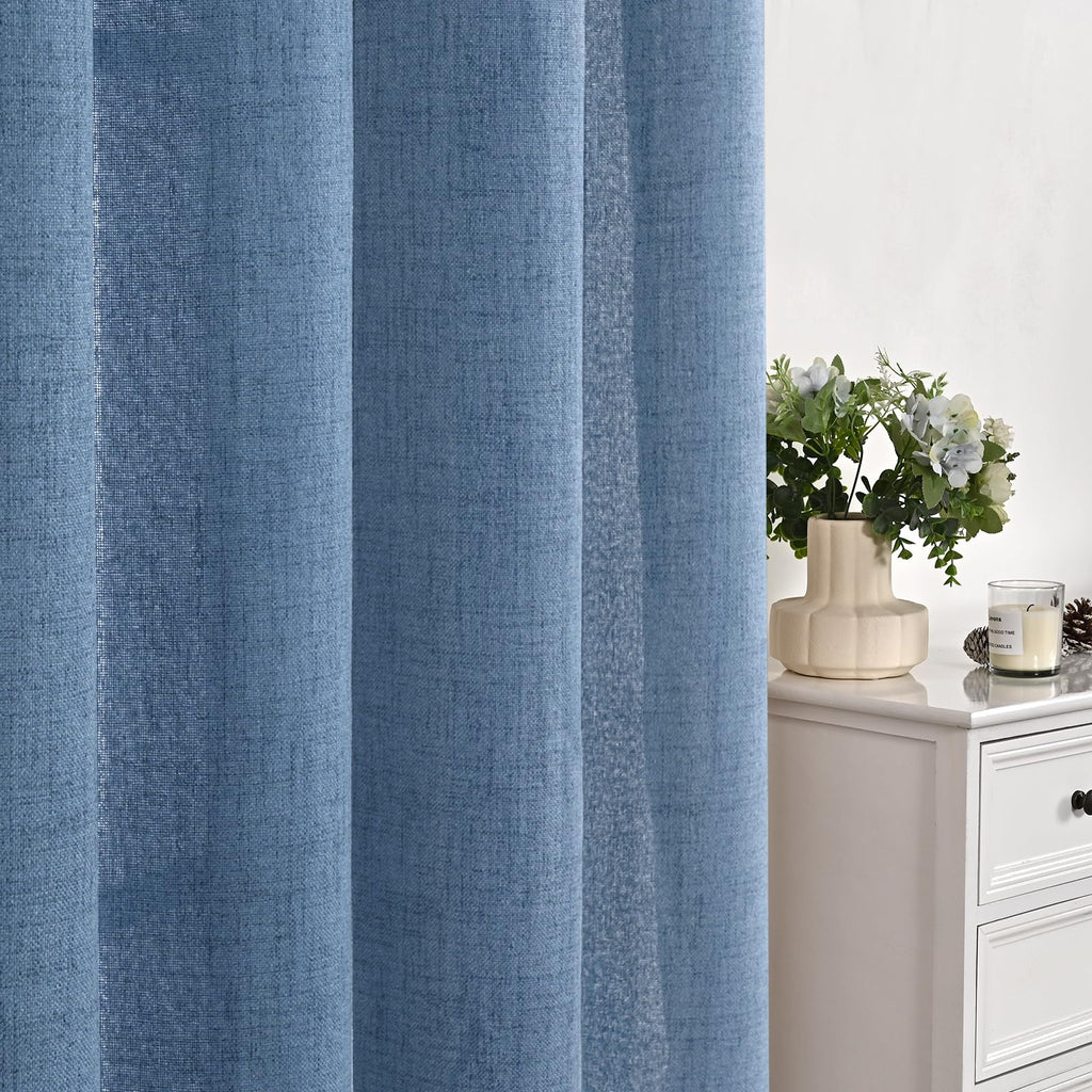 Denim Blue Short Linen Curtains 40 Inch Length for Kitchen Window (2 Count)