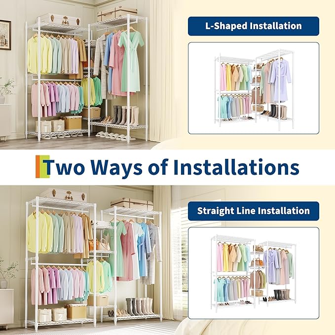 Heavy Duty Clothes Rack, Freestanding Garment Rack with 4 Hanging Rods and 7 Storage Shelves, Adjustable Closet Organizer System, Portable Wardrobe Closet for Hanging Clothes, 70.5"h X85.4"l x 17.4"w