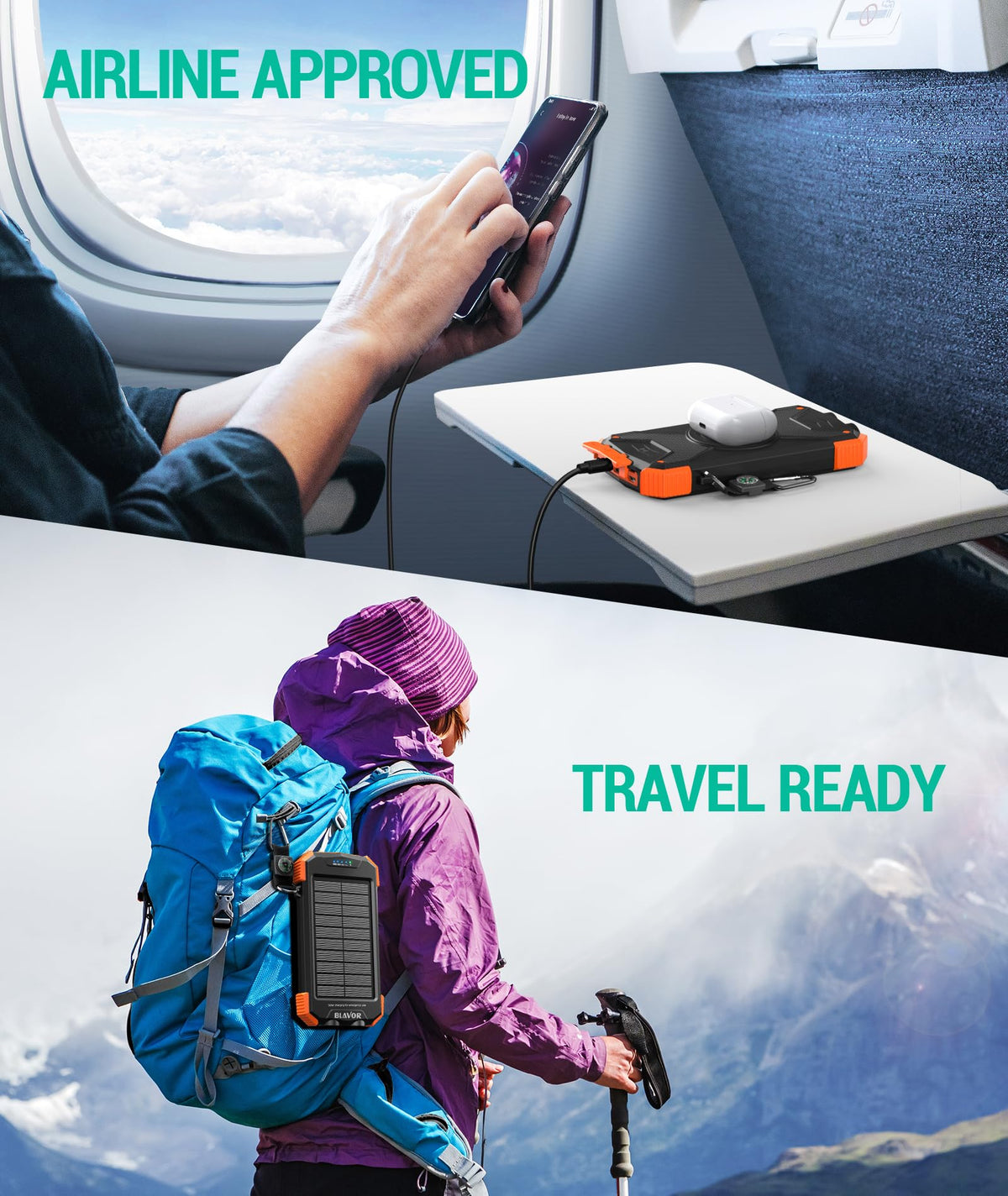 BLAVOR Solar Power Bank 10,000mAh, Portable Wireless Charger, 20W Fast Charging External Battery Pack with USB C for Cell Phones, Solar Panel Charging with Dual Flashlight for Camping