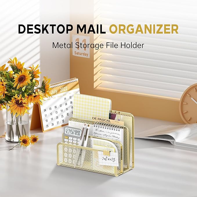 SUPEASY Mail Organizer for Desk, Mesh Metal Mail Holder Countertop with 3-Slot, Letter Sorter File Holder, Office Envelope Organizer for Mails (Gold)