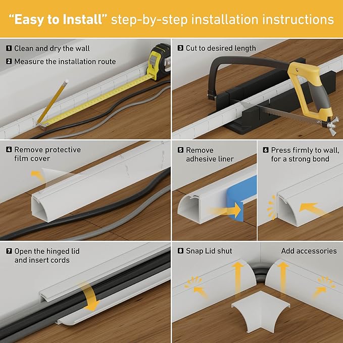 D-Line 157in White Corner Cable Concealer Multipack, Floor Wire Hider, Quarter Round Cord Cover, Organize Cords in Corners, Floor Molding - 10x 15.7in Lengths & Accessories