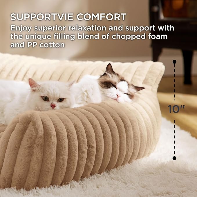 Bedsure Cute Cat Couch for Pets - Fluffy Cat Sofa with Premium Soft Corduroy Fleece, Fuzzy Pet Couch Bed with Removable Washable Cover, Supportive Pet Chair for Indoor Cats, 24inch, Tuscan Beige