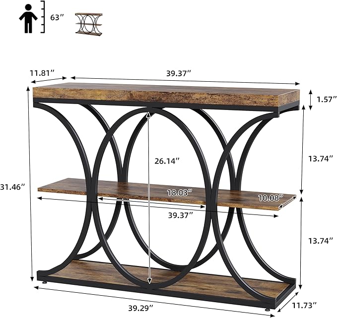 Garvee 39" Narrow Console Tables for Entryway, Industrial 3-Tier Sofa Table with Round Metal Base and Storage Shelves for Living Room, Hallway, Foyer, Retro Brown