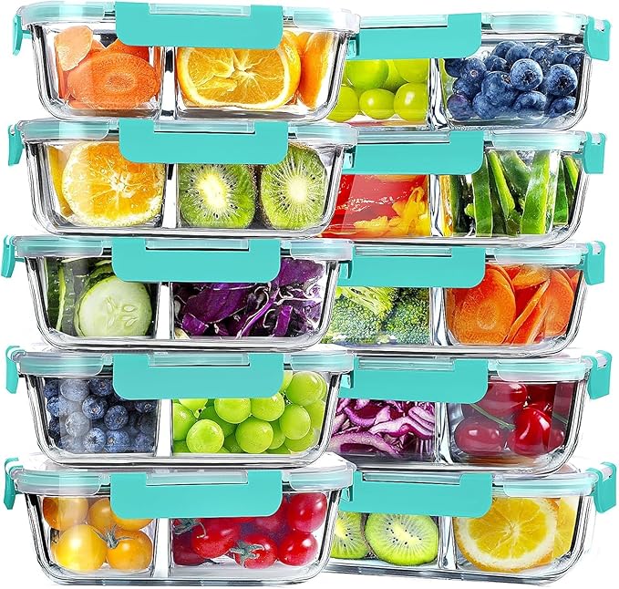 VERONES 10 Pack Glass Meal Prep Containers - 2 Compartment Set, 30 OZ Airtight Glass Lunch Containers with Lids, for Microwave, Oven, Freezer & Dishwasher Friendly, Green