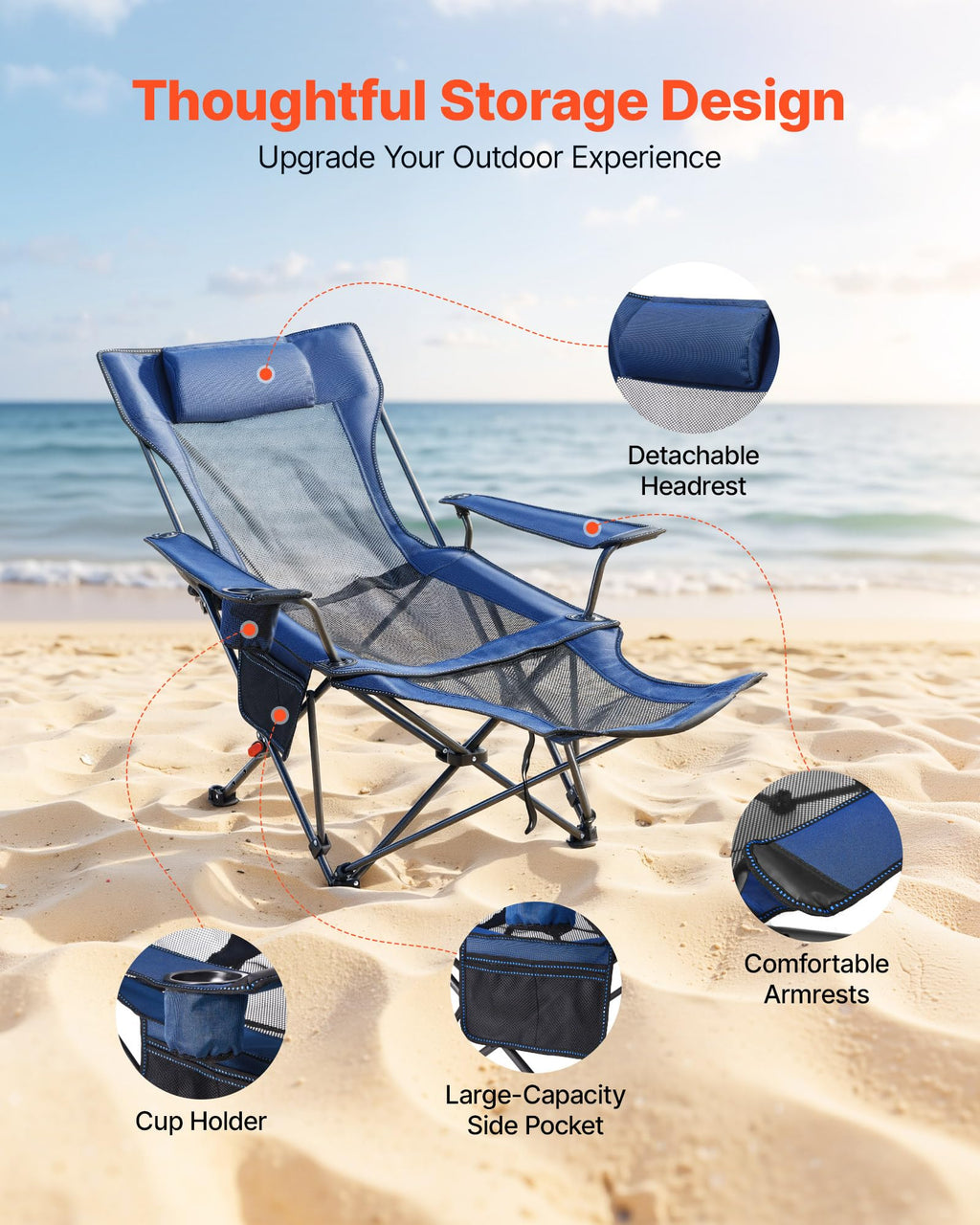 VEVOR 2-in-1 Reclining Camping Chair with Footrest for Adults, 4 Adjustable Positions, Portable Folding Lounger, Lightweight Mesh Beach Chair Supports 300lbs, Heavy Duty Camp Chairs Outdoor, Blue