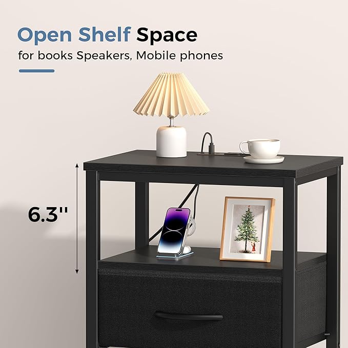 DUMOS Nightstand Set of 2 with Wireless Charging Station Bed Side Tables with Adjustable Fabric Drawers and 3 - Tier Storage End Tables Modern Design, Black