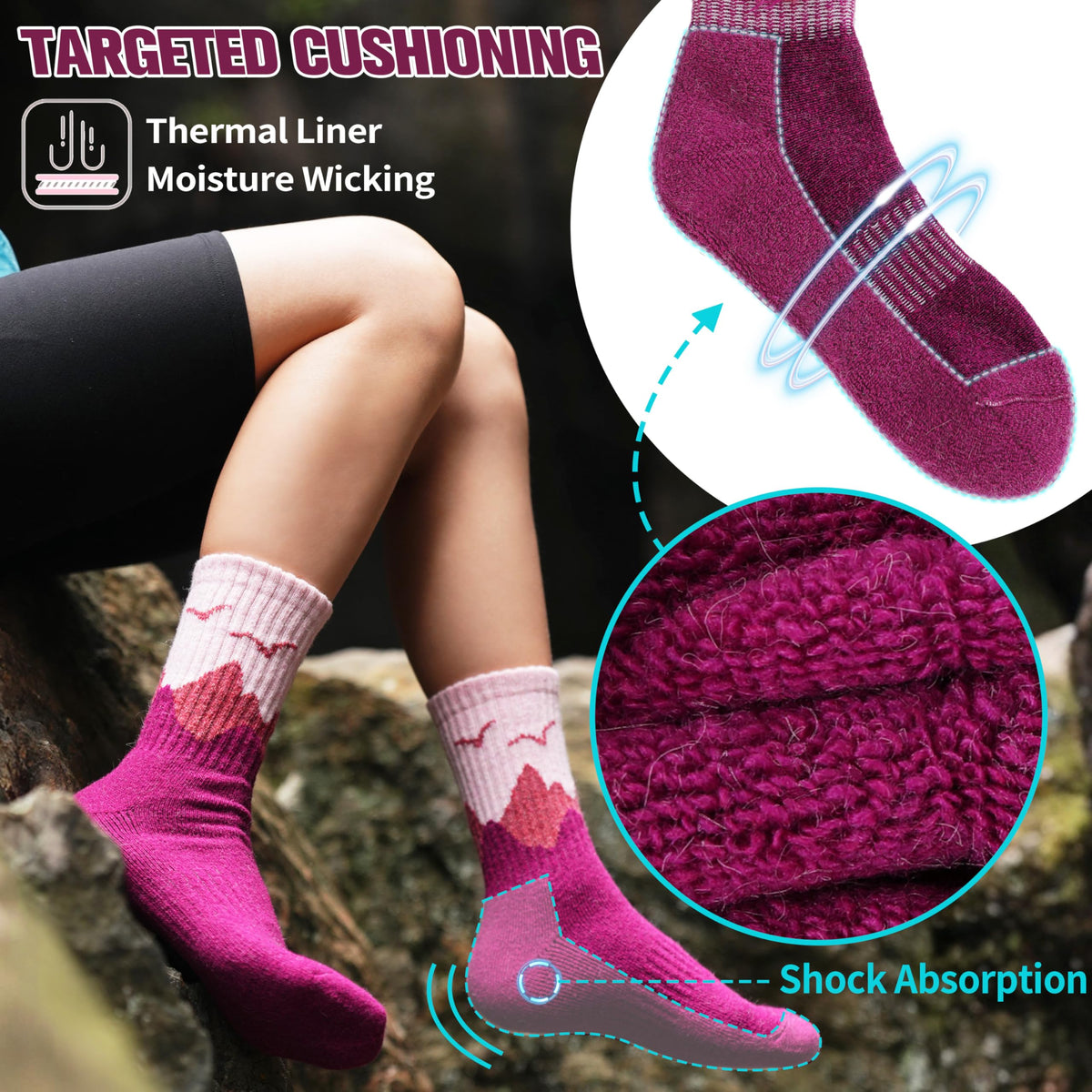 EBMORE Womens Merino Wool Hiking Socks Thermal Warm Winter Boot Crew Cushion Work Gift Socks 5 Pairs(Dark Gray/Black/Rose Red,M)