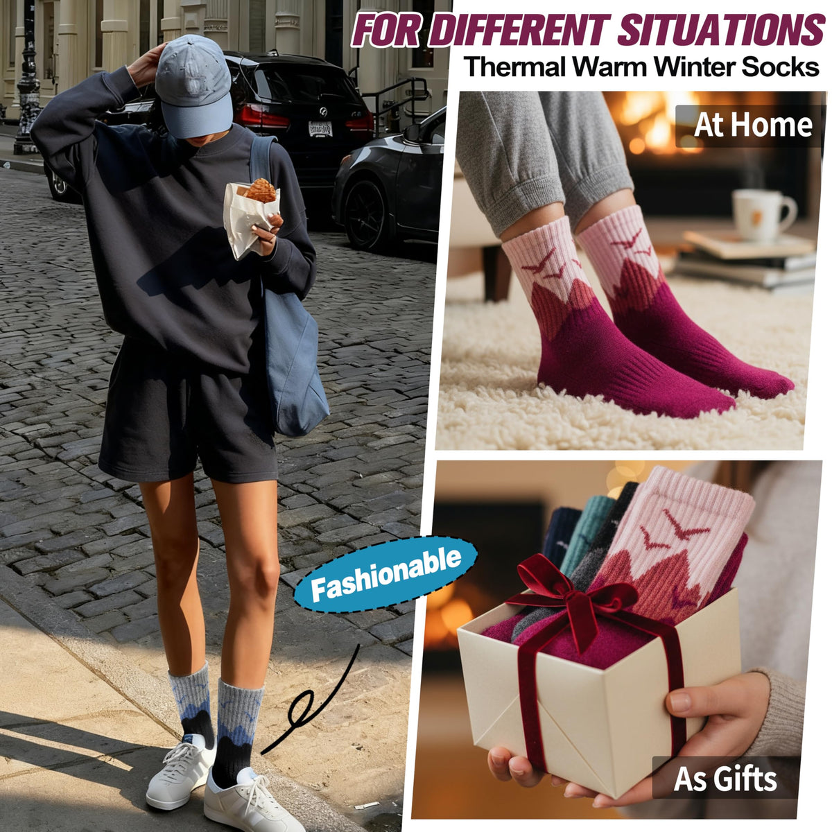 EBMORE Womens Merino Wool Hiking Socks Thermal Warm Winter Boot Crew Cushion Work Gift Socks 5 Pairs(Dark Gray/Black/Rose Red,M)