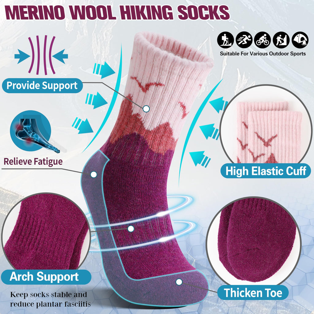 EBMORE Womens Merino Wool Hiking Socks Thermal Warm Winter Boot Crew Cushion Work Gift Socks 5 Pairs(Dark Gray/Black/Rose Red,M)