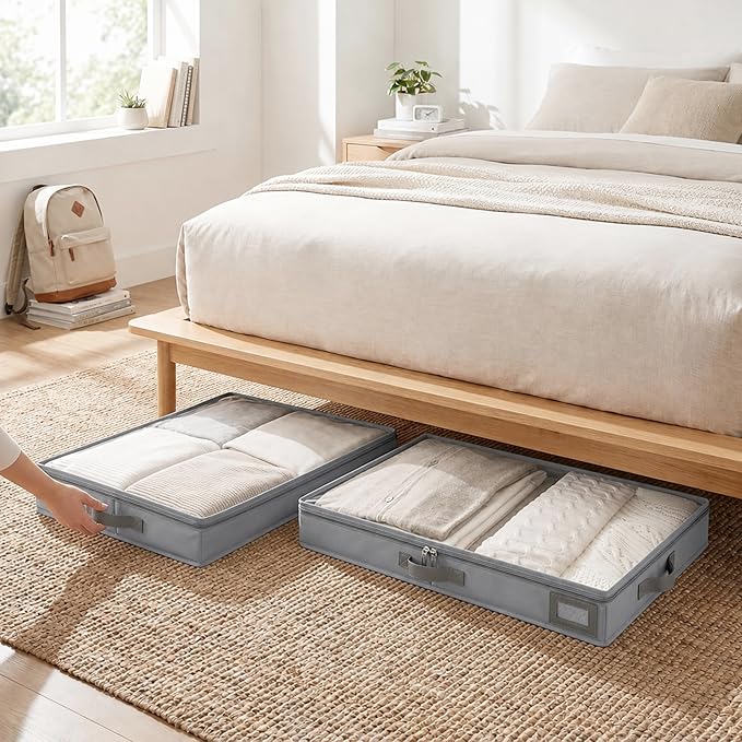 4-Inch Under Bed Storage Containers (3-Pack) | Sturdy Sidewalls | Clear Cover & Label Holder | Underbed Organizer for Crib/Couch | Stores Clothing/Blankets/Wrapping Paper/Toys