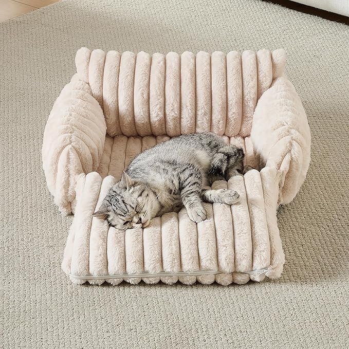 Hollypet Cat Bed Fluffy Plush Mutifuctional Double-Layer Soft Pet Couch Orthopedic Sofa Nest Beds for Small Cats and Dogs, Cream (21x15x8 inch)