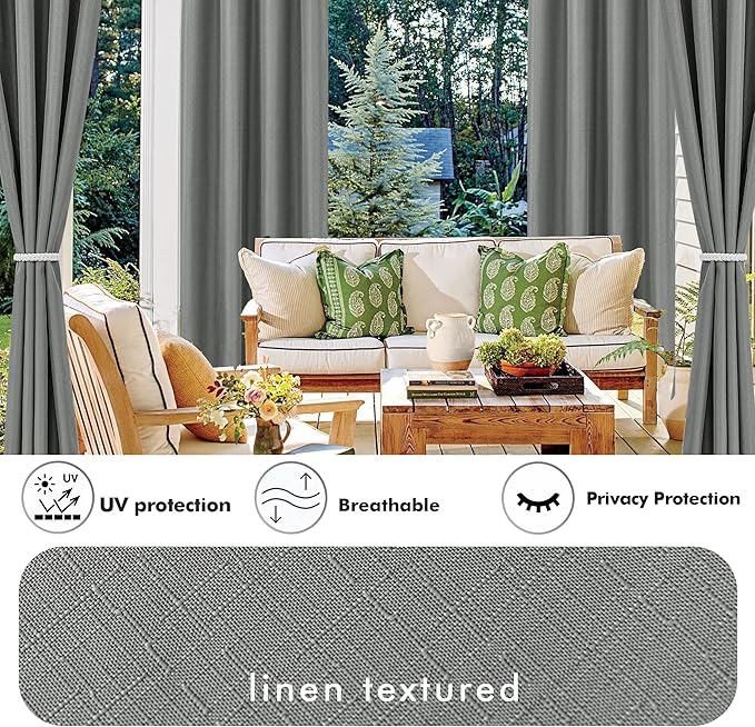 HolidayIdeas 4 Panels Linen Outdoor Curtains for Patio Waterproof Curtains 84 Inch Length-Outside Wide Curtains Weatherproof, Privacy for Pergola, Porch, Gazebo-110 Wide x 84" Long Light Grey