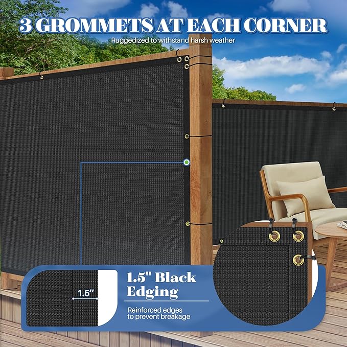 ECOOPTS 4'x192' Privacy Fence Screen Windscreen with Copper Grommets, Fit for Commercial Fence and Residential Garden Outdoor 90% UV Blockage, Cable Zip Ties Included (Black)