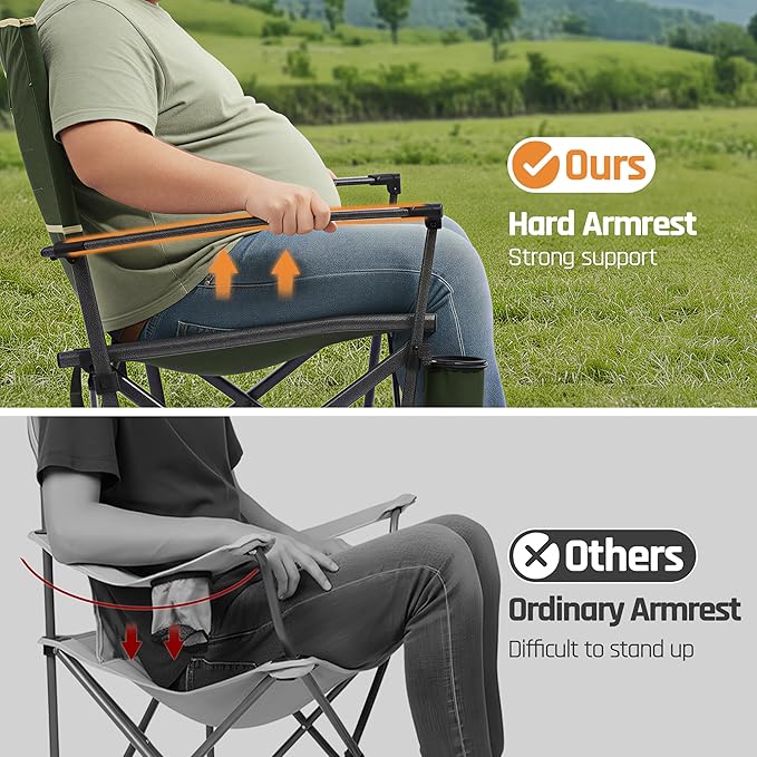 Folding Camping Chairs for Adults Heavy Duty Plus Size Camping Chairs 400 lb Steel Frame Metal Arm Lawn Chairs with Cup Holder, Extra Large Camp Chair for Outdoor Sports, Green 4 Pack (2 Pack x 2)