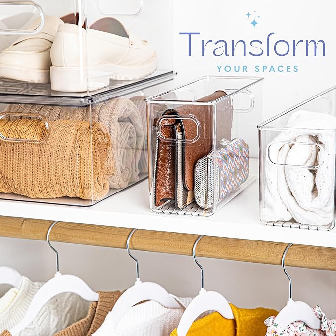 Plastic Food Storage 2 Pack Clear Container Bin with Handles for Organizing Kitchen, Pantry, Refrigerator, Freezer, Pantry, Cabinet, Closet, Bathroom. 10”x4”x6”