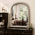 24"×36" Silver Arched Bathroom Vanity Mirror, Vintage Beaded Decorative Wall Mounted Makeup Mirror, as Wall Decor Hanging Leaning for Fireplace Mantle, Living Room, Bedroom, Vanity Area