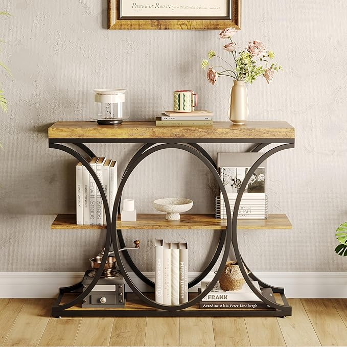 Garvee 39" Narrow Console Tables for Entryway, Industrial 3-Tier Sofa Table with Round Metal Base and Storage Shelves for Living Room, Hallway, Foyer, Retro Brown