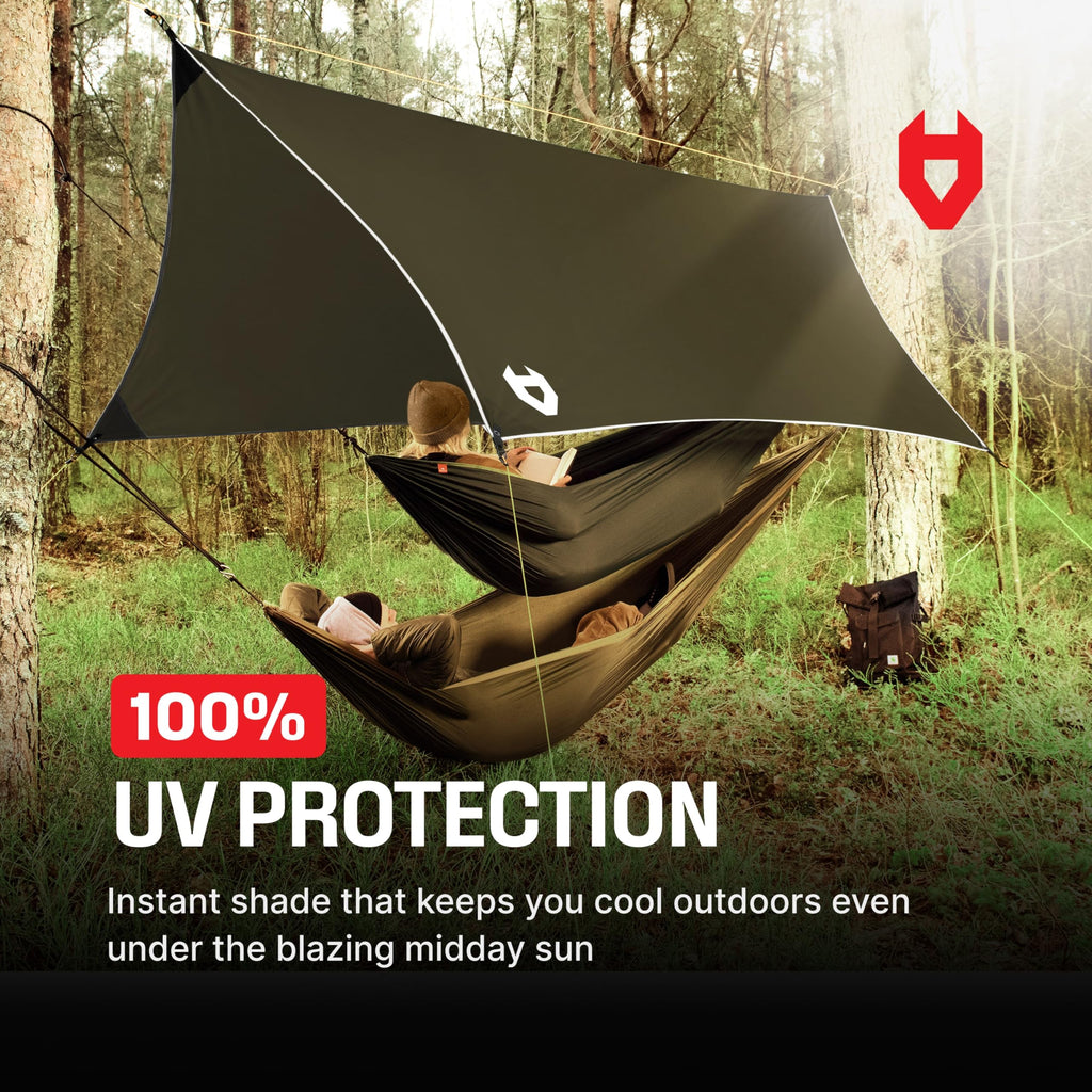 Rain Fly 12x10 Lightweight Survival Camping Tarp; 100% Waterproof; Makes a Great Backpacking Tarp or Hammock Shelter; Comes in Multiple Colors, Survival Bracelet Included; OD-Green