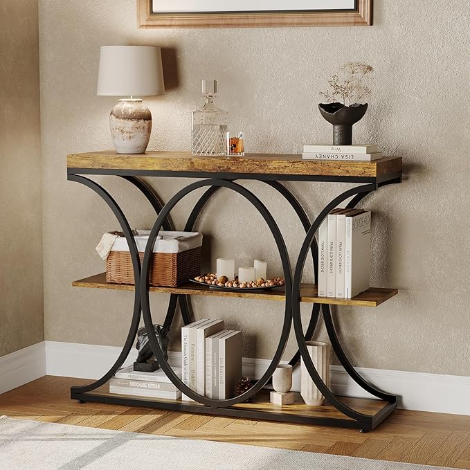 Garvee 39" Narrow Console Tables for Entryway, Industrial 3-Tier Sofa Table with Round Metal Base and Storage Shelves for Living Room, Hallway, Foyer, Retro Brown