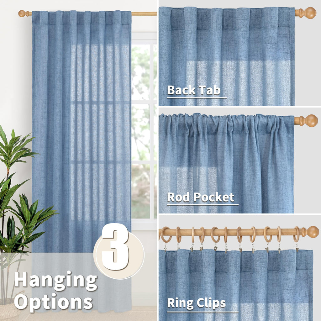 Denim Blue Short Linen Curtains 40 Inch Length for Kitchen Window (2 Count)