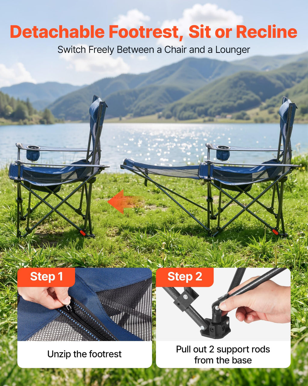 VEVOR 2-in-1 Reclining Camping Chair with Footrest for Adults, 4 Adjustable Positions, Portable Folding Lounger, Lightweight Mesh Beach Chair Supports 300lbs, Heavy Duty Camp Chairs Outdoor, Blue