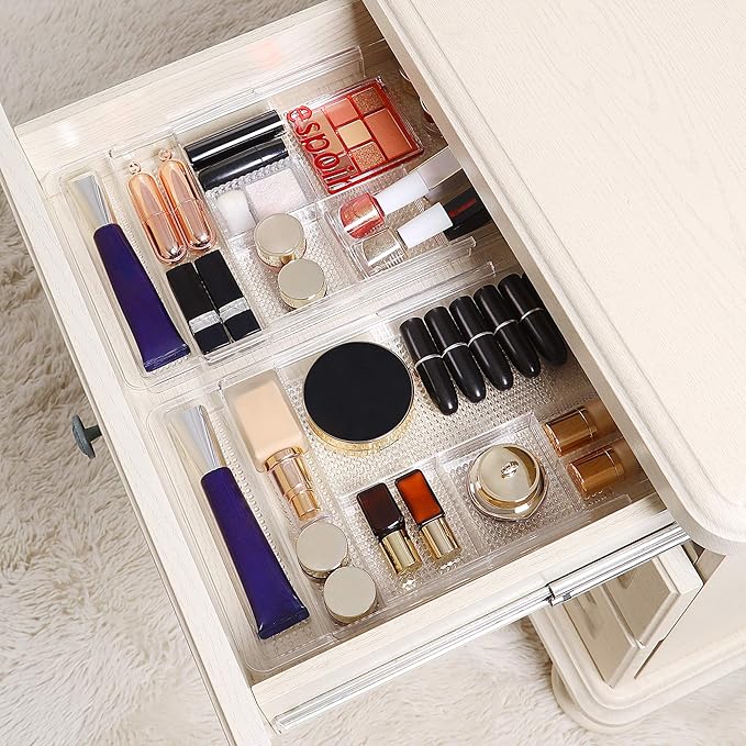 Oubonun Expandable Drawer Organizer 11.1” to 19.2” Width, Shallow Cosmetic Organizer 1.3” Height, 4 Packs, Clear Plastic Storage Trays for Dressing Table,Bathroom