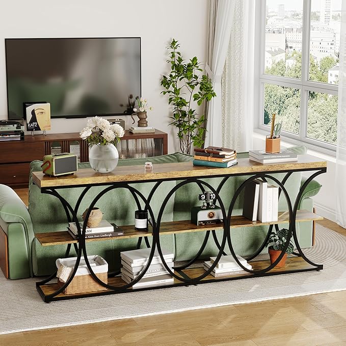 Garvee 39" Narrow Console Tables for Entryway, Industrial 3-Tier Sofa Table with Round Metal Base and Storage Shelves for Living Room, Hallway, Foyer, Retro Brown