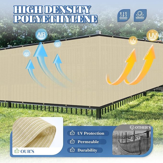 ECOOPTS 4'x209' Privacy Fence Screen Windscreen with Copper Grommets, Fit for Commercial Fence and Residential Garden Outdoor 90% UV Blockage, Cable Zip Ties Included (Beige)